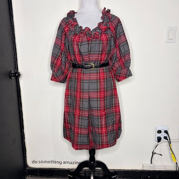 NWT Newport News Plaid Ruffle Rose Neck Midi Dress Red Gray, Fitted Like M - Picture 2 of 14